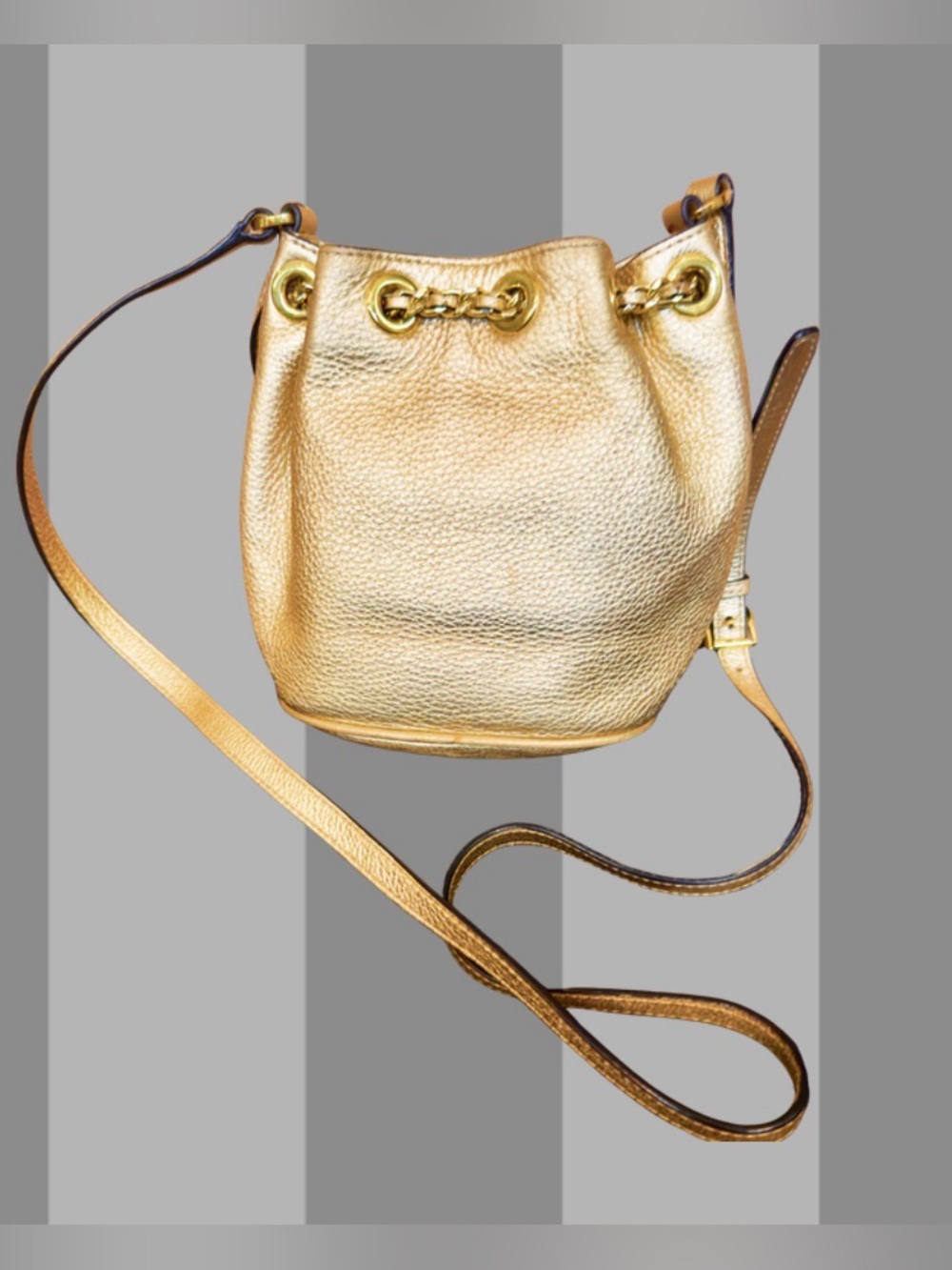 Mini Michael Kors Metallic Gold Leather Bucket Crossbody Bag “Frankie” w/Dusty - Picture 9 of 11